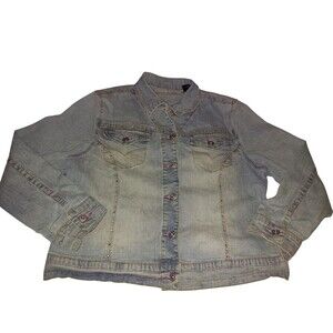 Juniors XXL Denim Jacket Arizona Blue Faded Pink Threading And Glitter With Gem